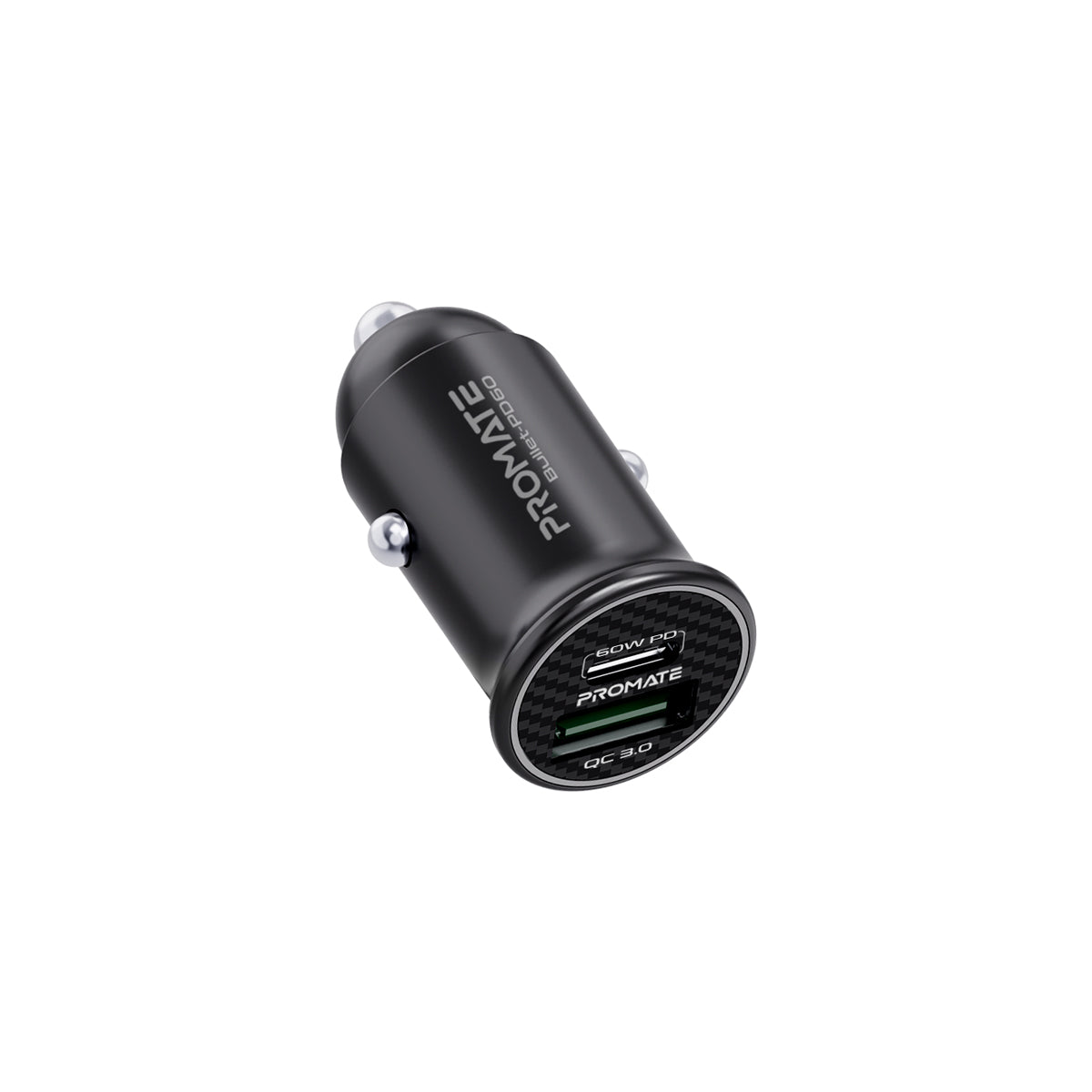 Promate 60W USB-C Car Charger, Super-Fast Type-C Power Delivery Car Quick Charger 3.0 USB Port, Aluminum Alloy(Black)