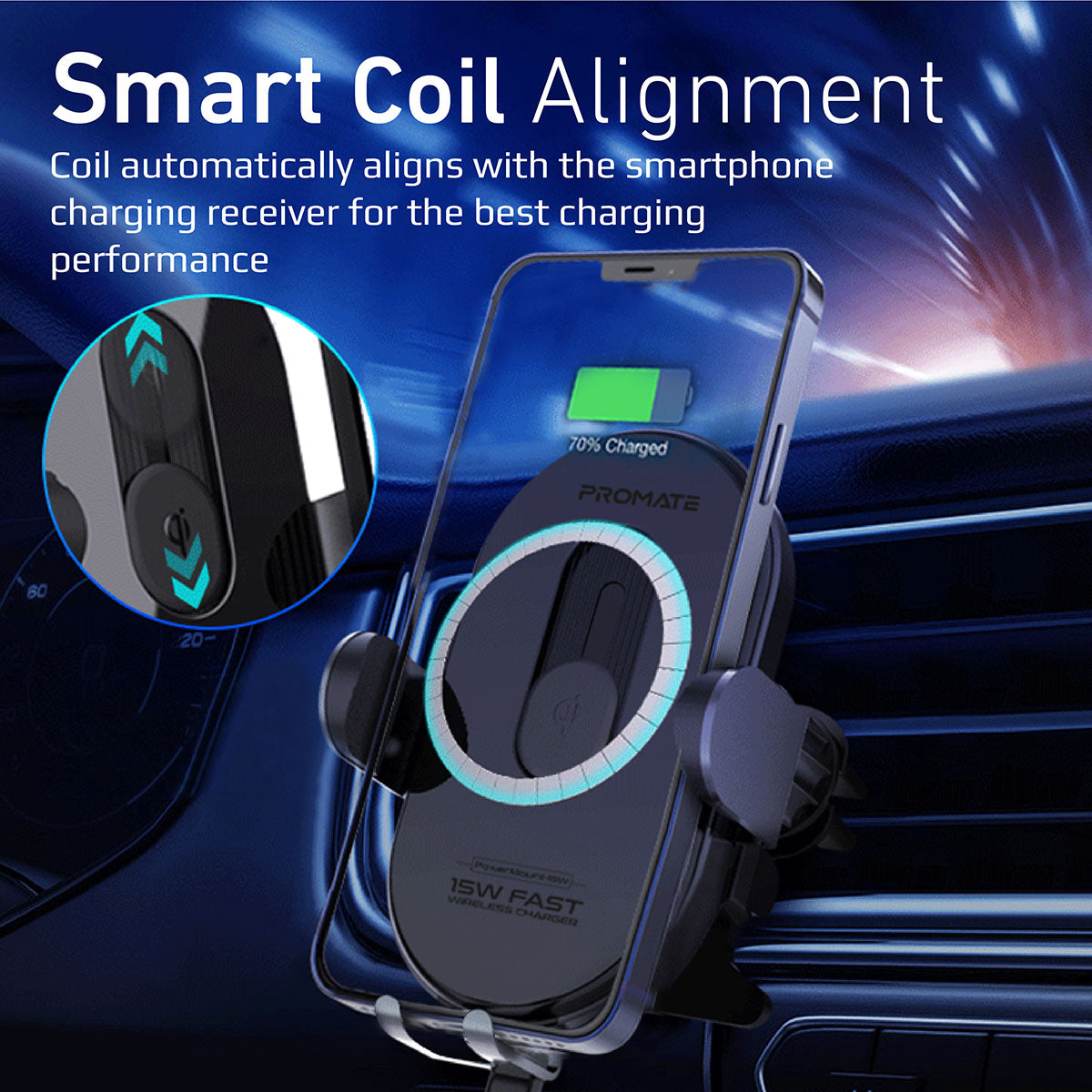 Promate Wireless Car Charger Mount with 15W Qi Smart Coil Alignment and Auto-Clamping, PowerMount-15W