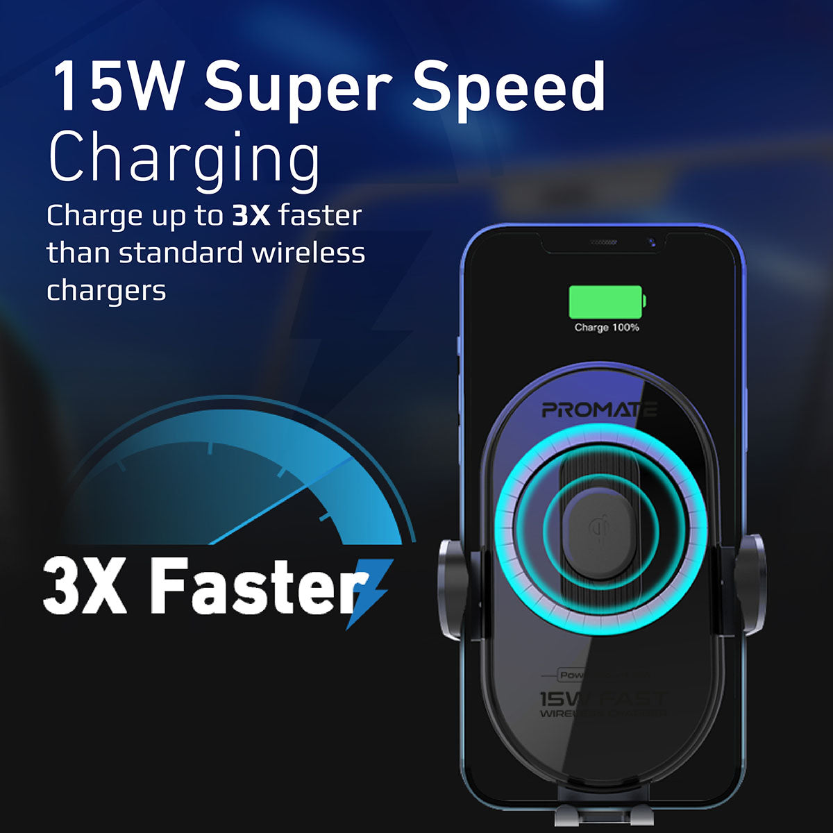 Promate Wireless Car Charger Mount with 15W Qi Smart Coil Alignment and Auto-Clamping, PowerMount-15W