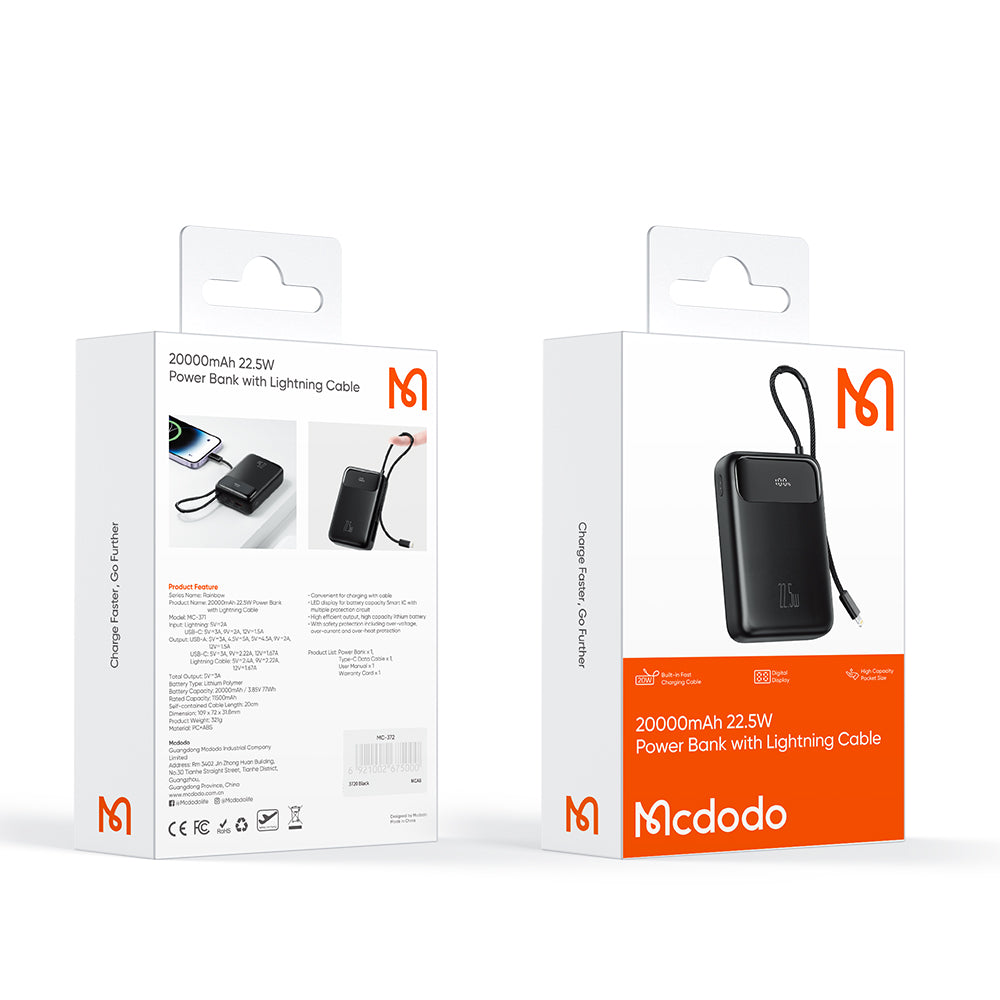 Mcdodo Rainbow Series Digital Display 1C+2A Power Bank Type-c 22.5W(20000mAh, Black)