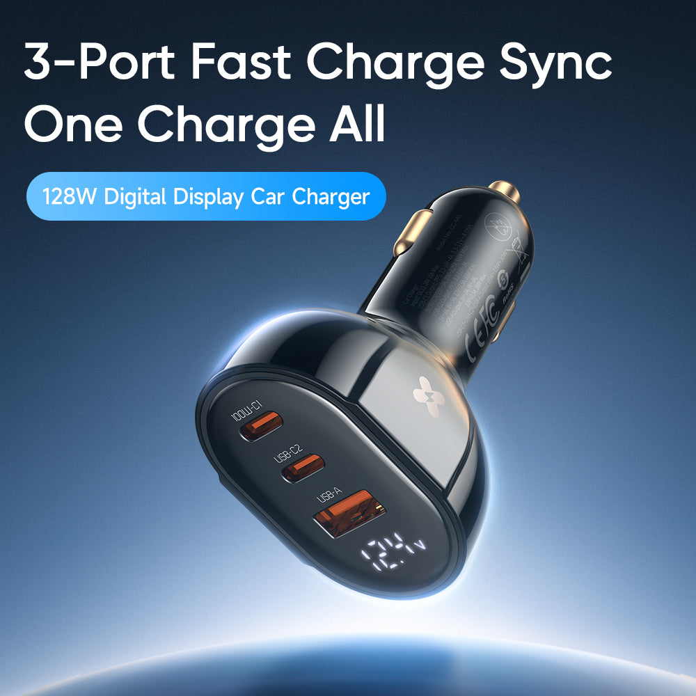 Mcdodo Alloy/PC Digital Display Dual USB-C + USB-A 128W Fast Car Charger(Brown)