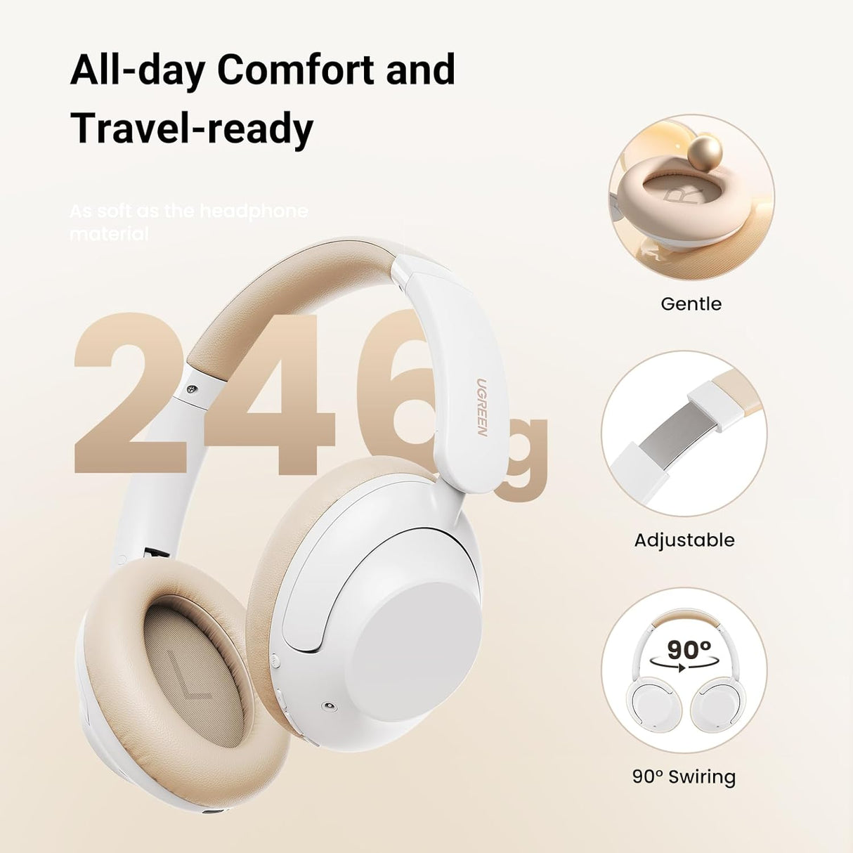 UGREEN Noise Cancelling Wireless Bluetooth Headphones, 90H Playtime, HiFi Stereo, Foldable with Mic