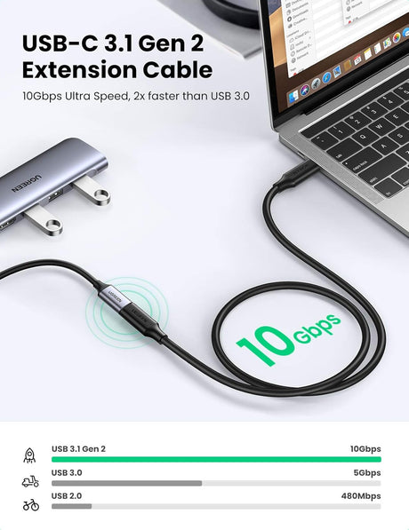 UGREEN USB Type C Extension Cable (10Gbps), USB 3.2 Type C Male to Female Fast Charging Cable Black