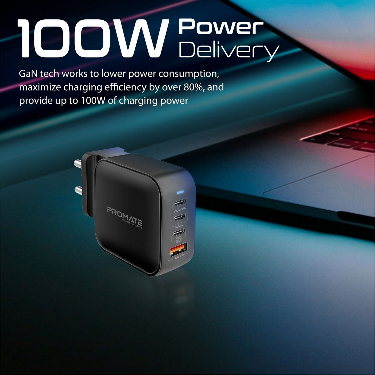 Promate 100W Power Delivery GaNFast™ Charger Adapter Quick Charge 3.0(Black)