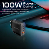 Promate 100W Power Delivery GaNFast™ Charger Adapter Quick Charge 3.0(Black)