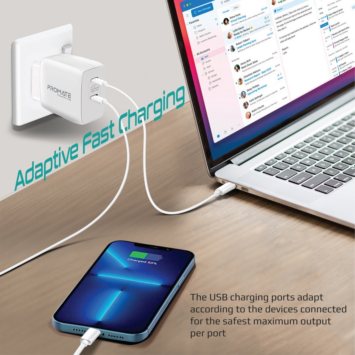 Promate 65W Super Speed GaNFast® Charging Adapter with Dual USB Ports(Black,White)