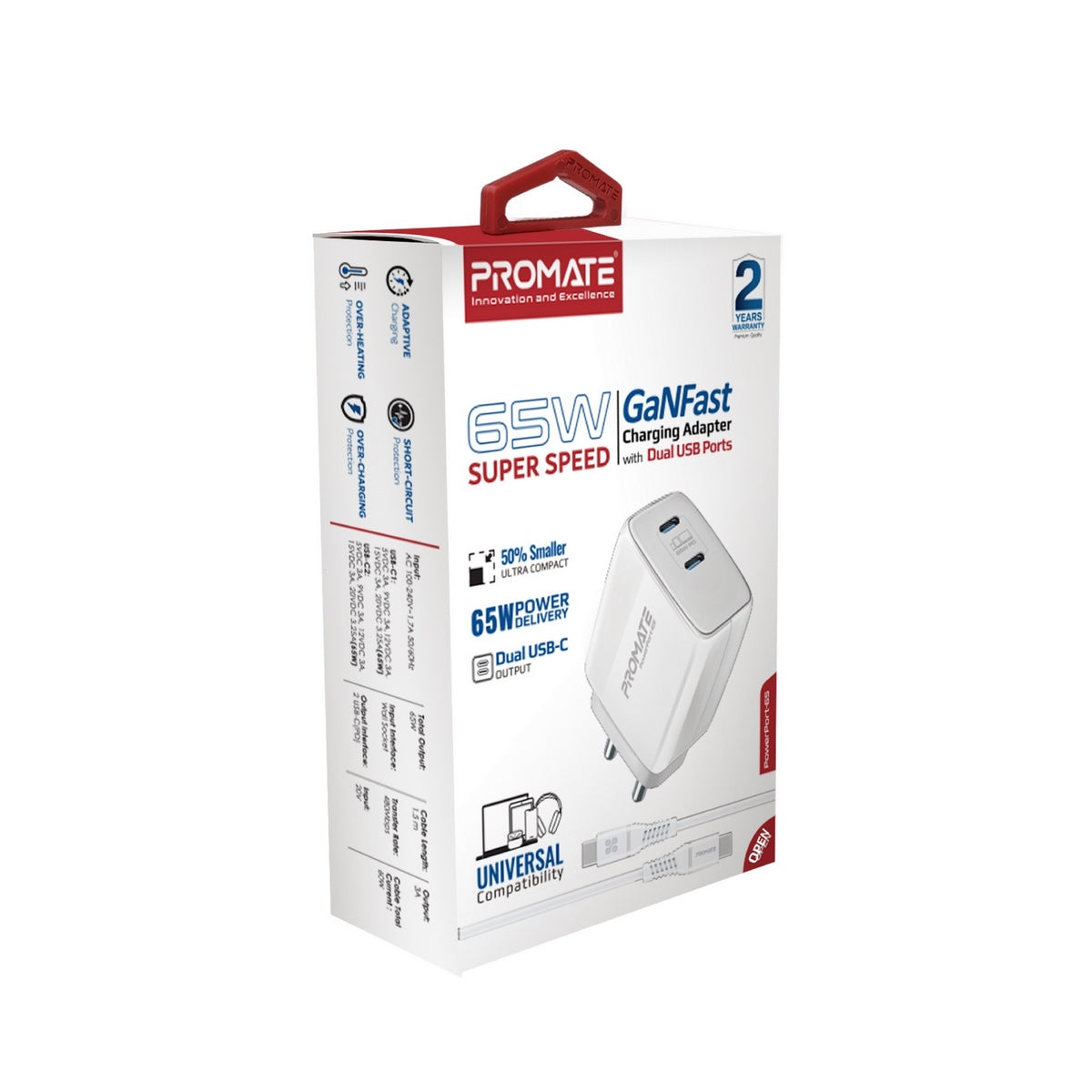 Promate 65W Super Speed GaNFast® Charging Adapter with Dual USB Ports(Black,White)