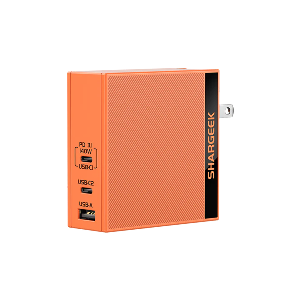 Sharge 140W PD3.1 GaN Charger, Compact Size & Portable, Efficient Power Distribution, Heat Control, Multiple Outputs (2x USB-C, 1x USB-A) (Orange)