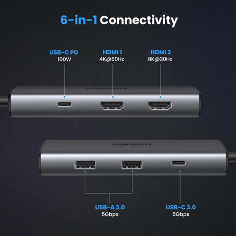 UGREEN Revodok 206 6-in-1 USB-C Hub (Dual HDMI, 8K@30Hz Single)